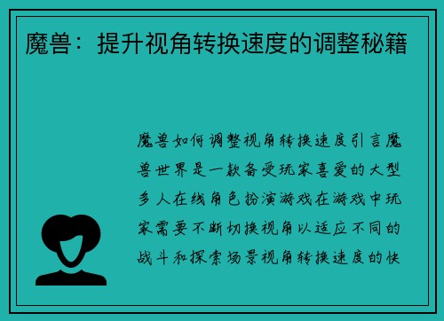 魔兽：提升视角转换速度的调整秘籍
